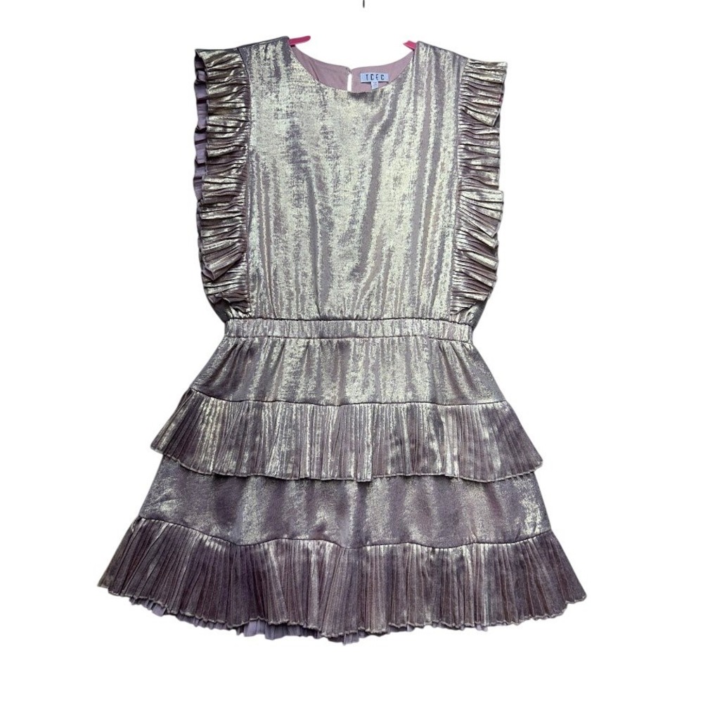 TCEC Rose Gold Metallic Pleated Tiered Ruffle Mini Dress Large - Picture 1 of 12